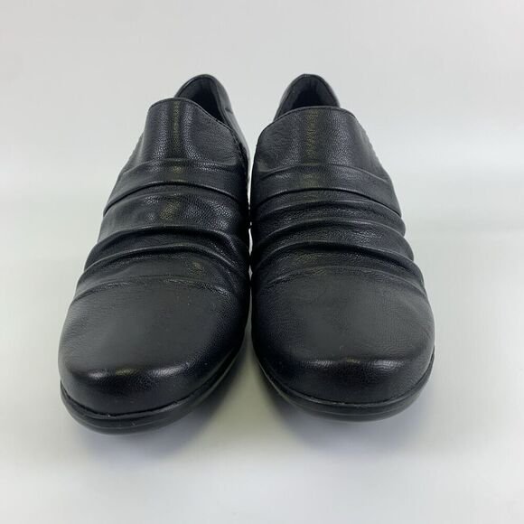 Clarks Emily Cove Pump Black Leather Slip On Low Heel Ruched Round Womens 9.5 - Picture 3 of 13